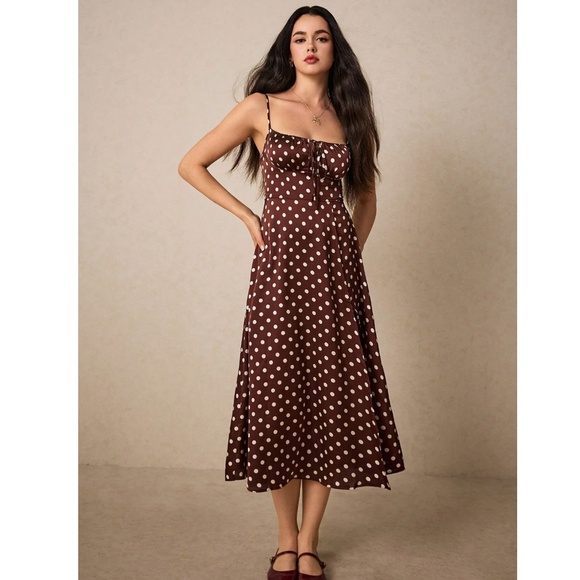 French Style Polka Dot Brown Midi Dress Leg Slit - Picture 14 of 16